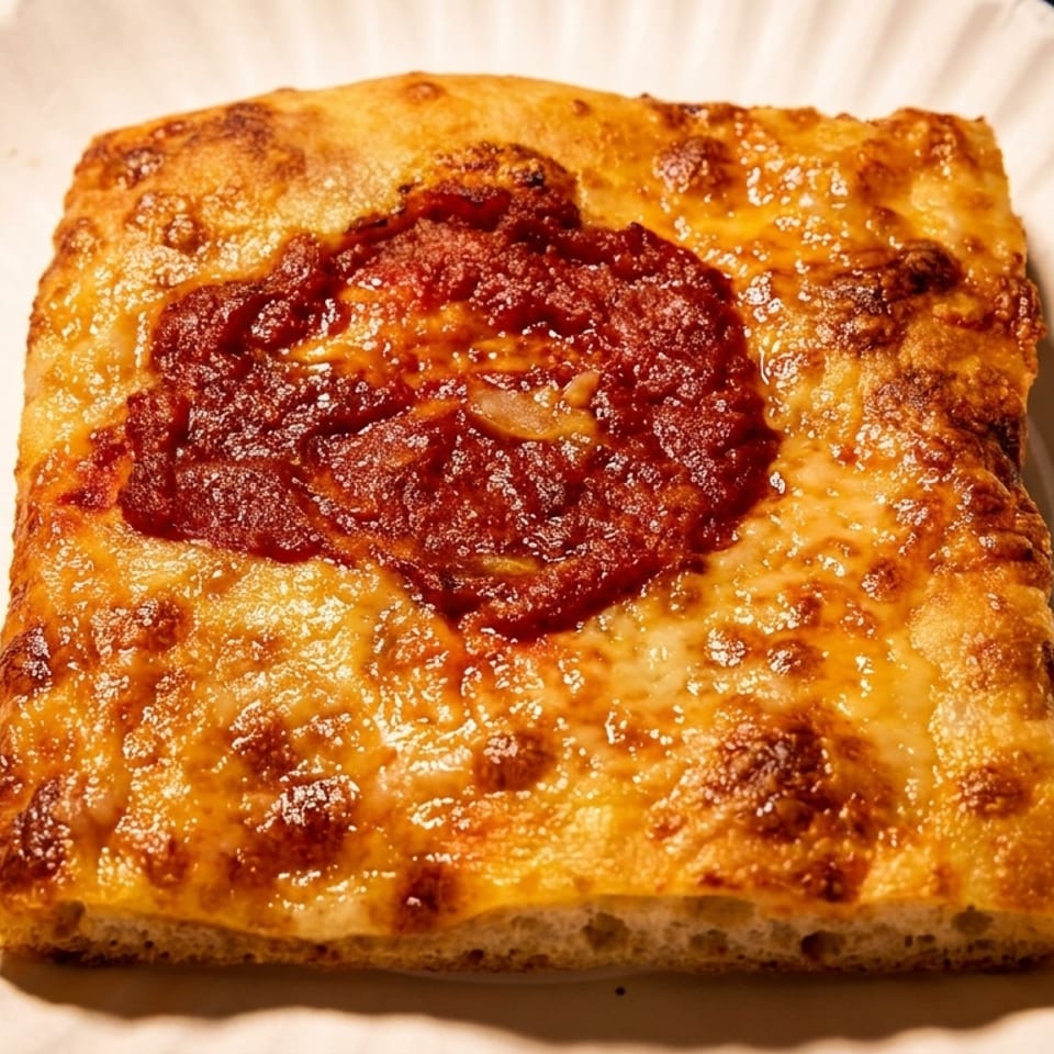 Square slice of Sicilian pizza with melted cheese and a dollop of red sauce on a paper plate.
