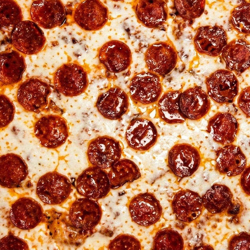 A close-up, overhead view of a large, round pepperoni pizza with melted cheese.