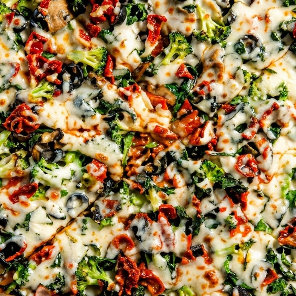 Close-up of a freshly baked pizza topped with broccoli, sun-dried tomatoes, olives, and melted cheese.