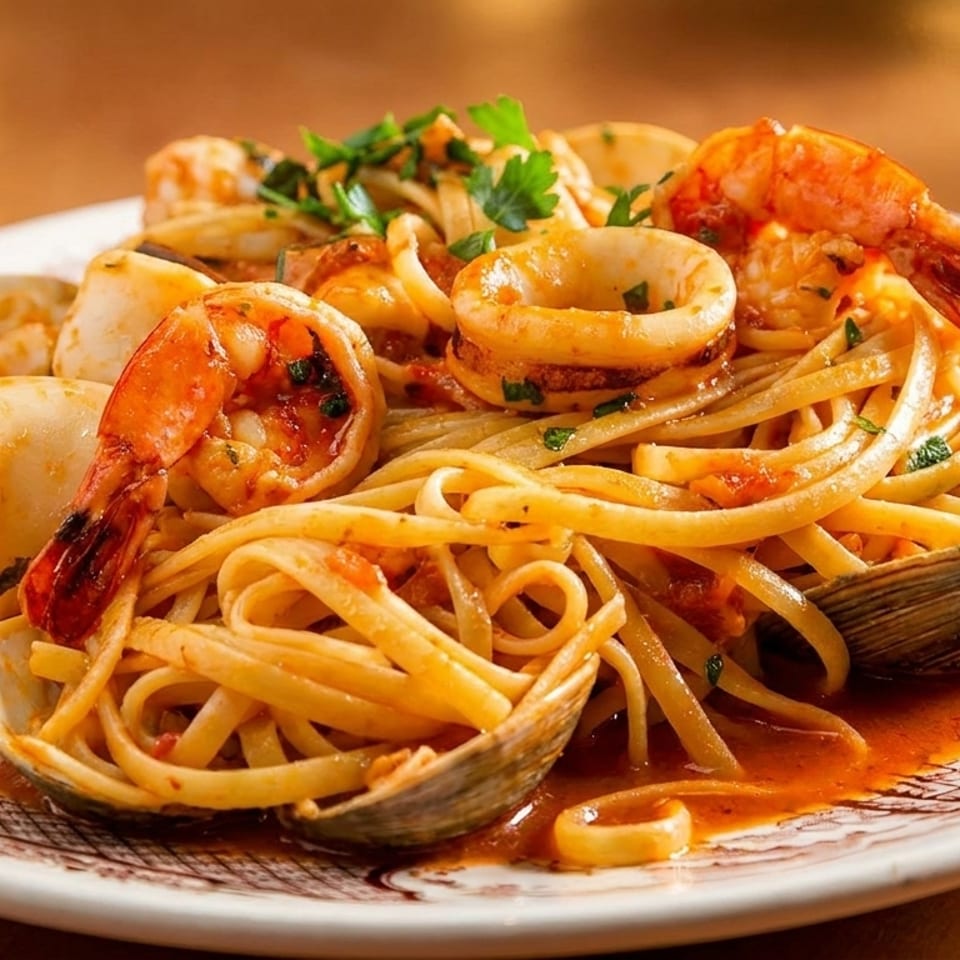 Linguine pasta with shrimp, calamari, and clams in a red sauce, garnished with parsley.