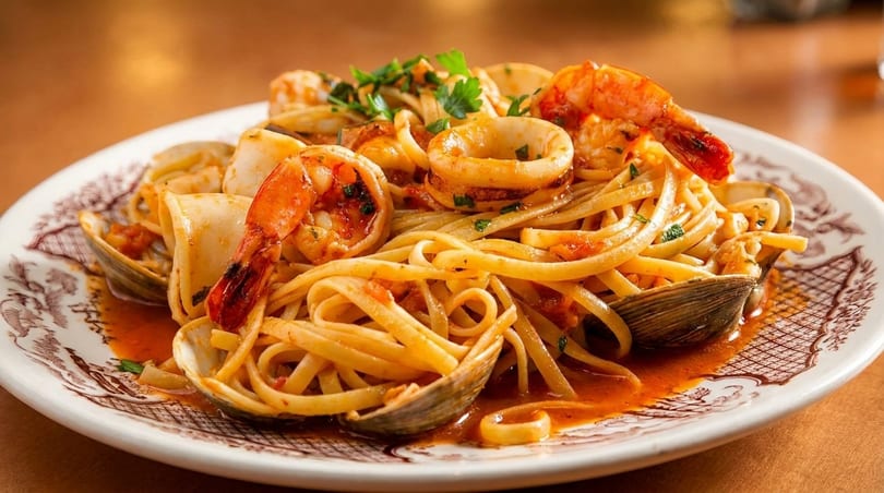 Linguine pasta with shrimp, calamari, and clams in a red sauce, garnished with parsley.