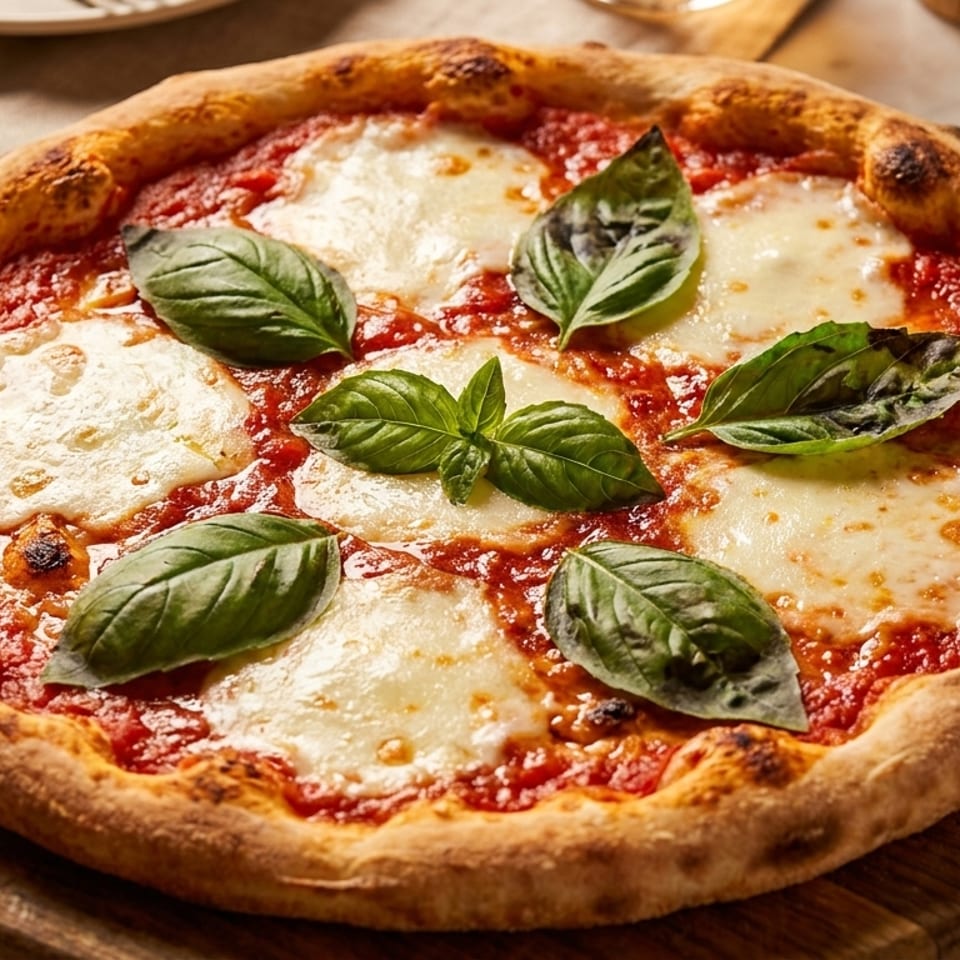 A freshly baked Margherita pizza with melted mozzarella, red sauce, and fresh basil leaves on a wooden board.