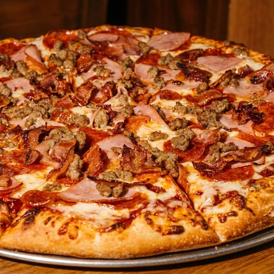 A whole meat lover's pizza with pepperoni, ham, sausage, and bacon on a metal tray.