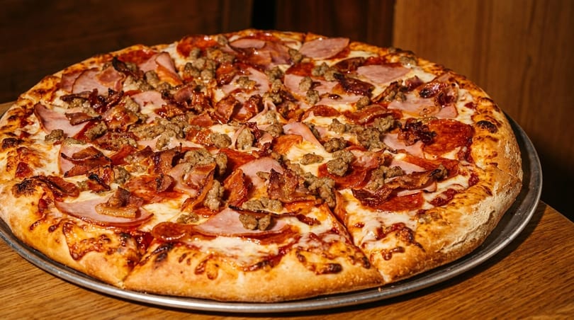 A whole meat lover's pizza with pepperoni, ham, sausage, and bacon on a metal tray.