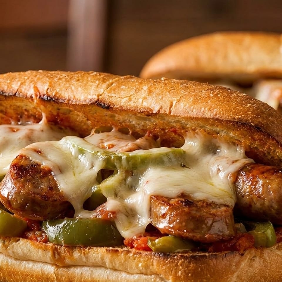 Two sausage and pepper sandwiches with melted cheese on toasted buns, on a wooden table.