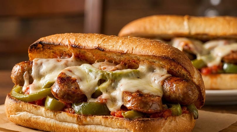 Two sausage and pepper sandwiches with melted cheese on toasted buns, on a wooden table.