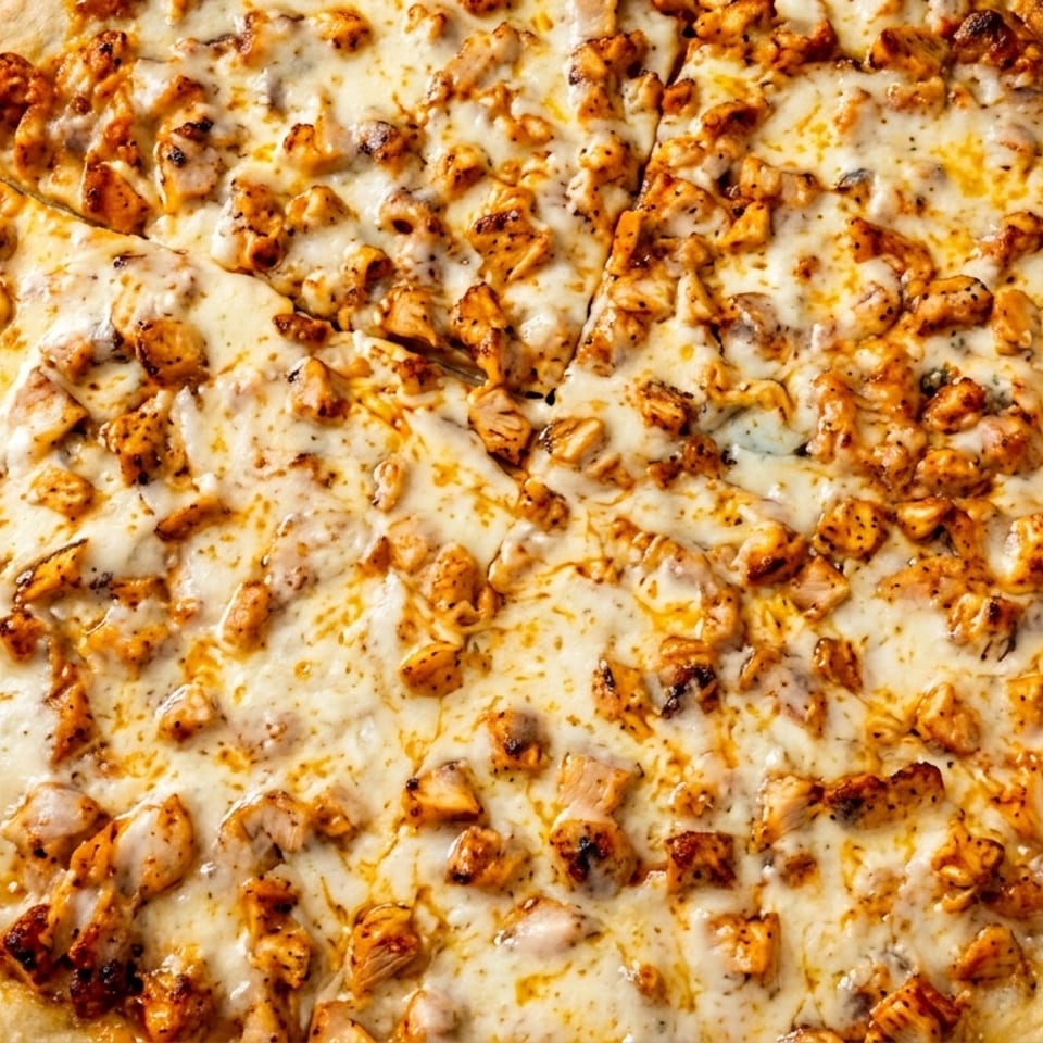 A whole chicken pizza, topped with melted cheese and diced chicken, on a dark countertop.